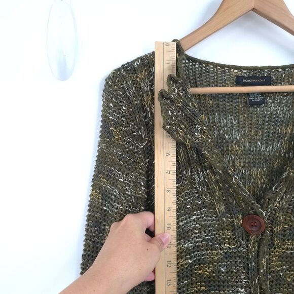 Y2k 90s BCBGMAXAZRIA Knit Cardigan Green Button Front Goblincore Lettuce Trim - Picture 14 of 16